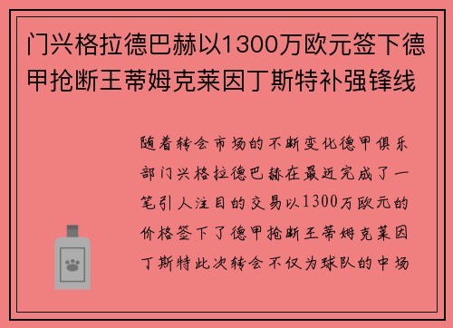 门兴格拉德巴赫以1300万欧元签下德甲抢断王蒂姆克莱因丁斯特补强锋线